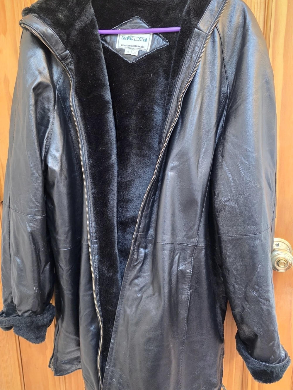 Fitz-Wright Black Leather Hooded Coat with Faux Fur Lining